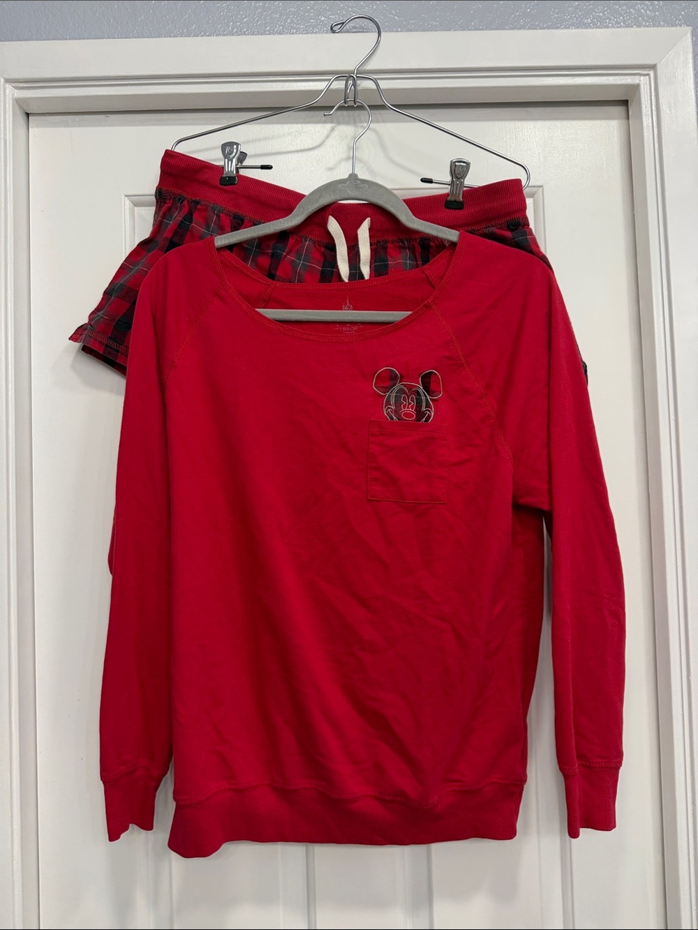 Disney Kids Red Mickey Pocket Crewneck with Plaid Accent and matching short set
